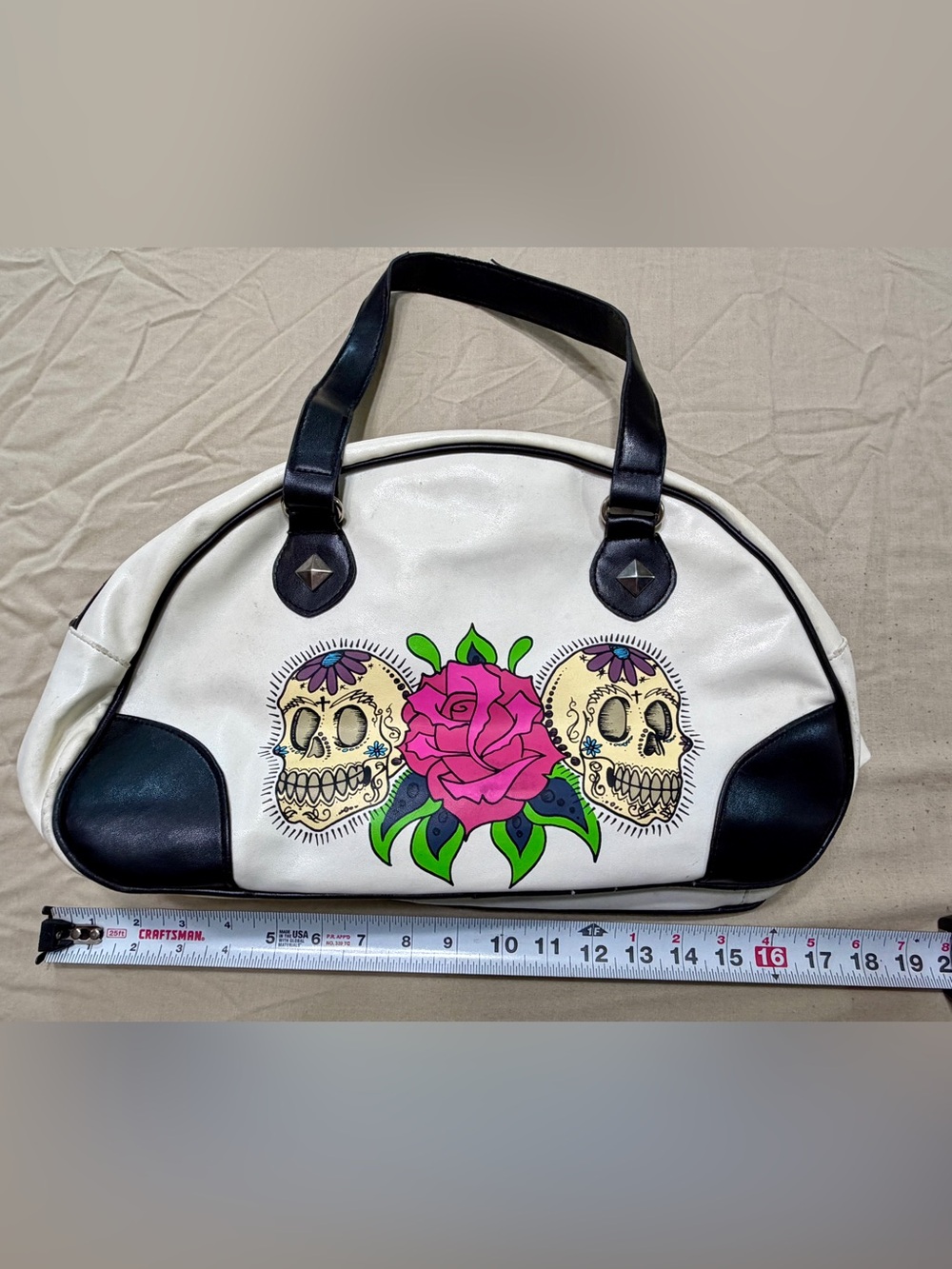 Rock Rebel Large Skull & Rose Satchel Top Handle Zip Bag Purple Lining Pockets